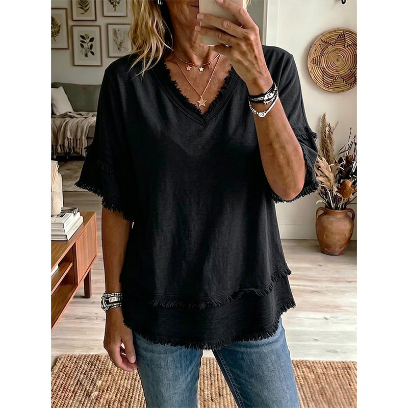 💖LAST DAY SALE ONLY￡11.99!!💖Women's Boho V-Neck T-Shirt with Frayed Edges 🌿 – Loose Fit, Breathable Summer Top in Soft Cotton👚