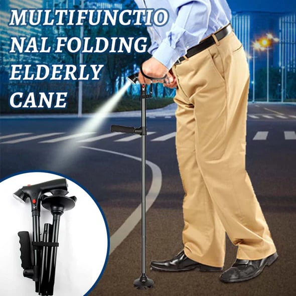 🦯LIMITED-TIME 50% OFF! 💡 Multifunction Folding Walking Cane – Built-In Light, Emergency Alarm, Quad Base & 5-Level Height Adjustment✨