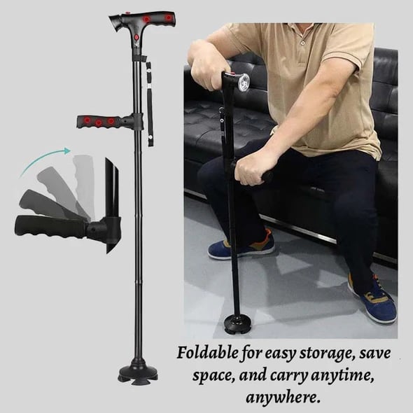 🦯LIMITED-TIME 50% OFF! 💡 Multifunction Folding Walking Cane – Built-In Light, Emergency Alarm, Quad Base & 5-Level Height Adjustment✨