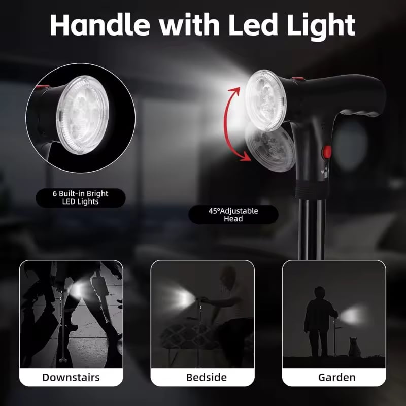🦯LIMITED-TIME 50% OFF! 💡 Multifunction Folding Walking Cane – Built-In Light, Emergency Alarm, Quad Base & 5-Level Height Adjustment✨