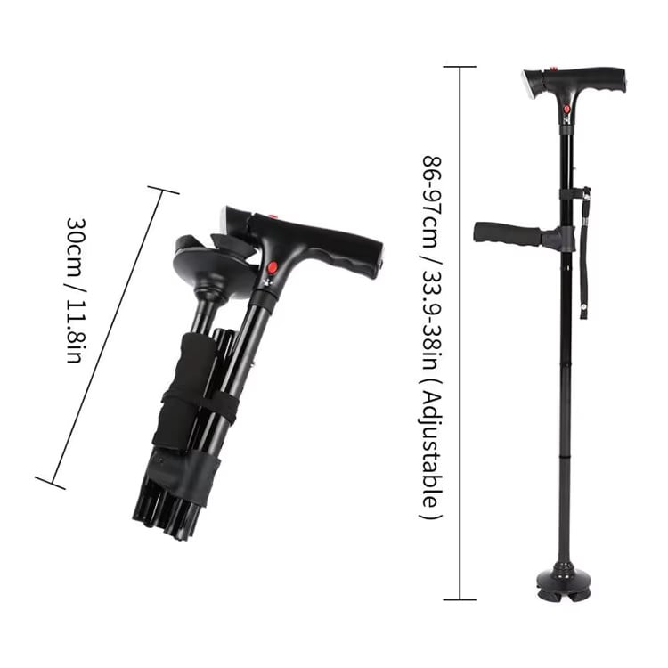 🦯LIMITED-TIME 50% OFF! 💡 Multifunction Folding Walking Cane – Built-In Light, Emergency Alarm, Quad Base & 5-Level Height Adjustment✨