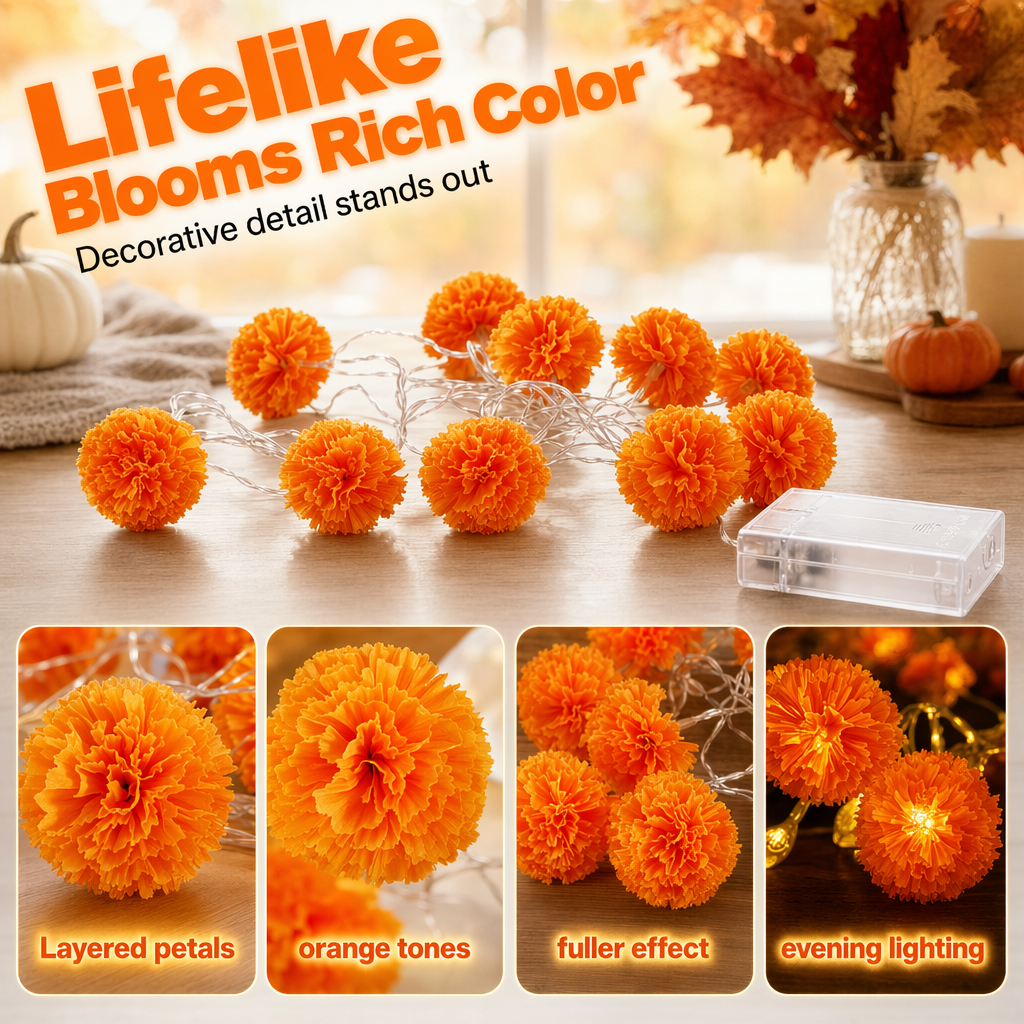 🌼 LIMITED-TIME 50% OFF! ✨ Artificial Marigold Flower LED String Light – Vivid Floral, Warm Glow, Season Decor 🎃