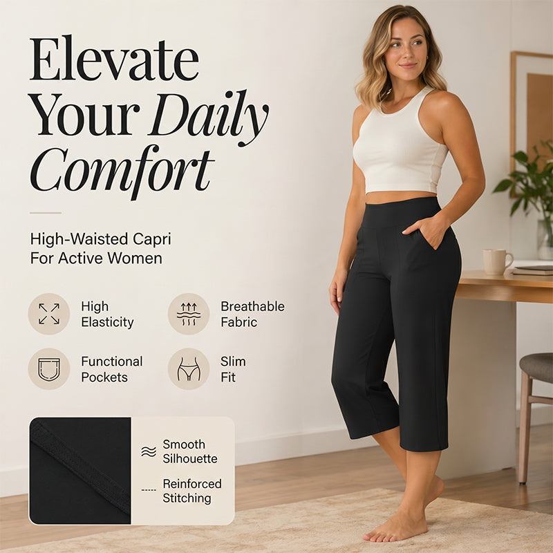 Women's High-Waisted Wide Leg Cropped Capri Pants Pocket Yoga Leggings