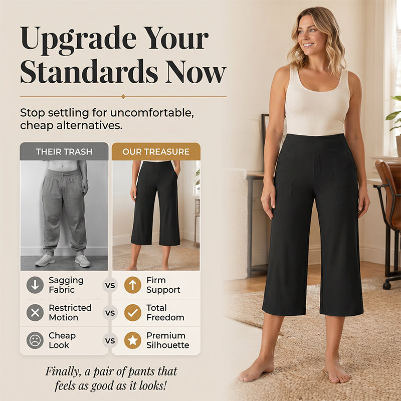 Women's High-Waisted Wide Leg Cropped Capri Pants Pocket Yoga Leggings