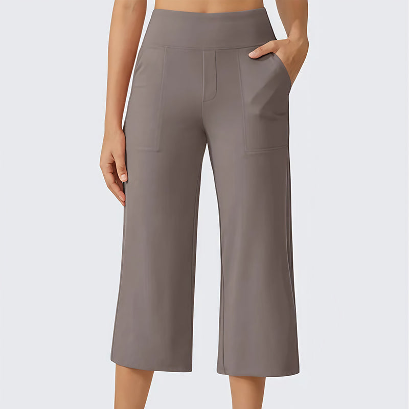 Women's High-Waisted Wide Leg Cropped Capri Pants Pocket Yoga Leggings