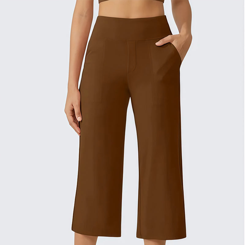 Women's High-Waisted Wide Leg Cropped Capri Pants Pocket Yoga Leggings