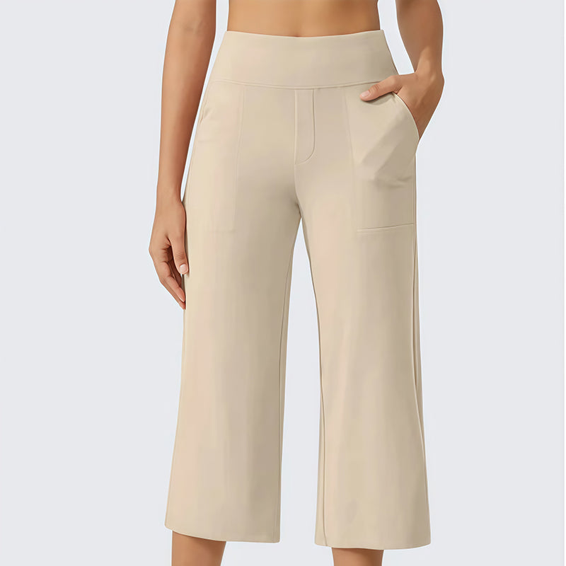 Women's High-Waisted Wide Leg Cropped Capri Pants Pocket Yoga Leggings