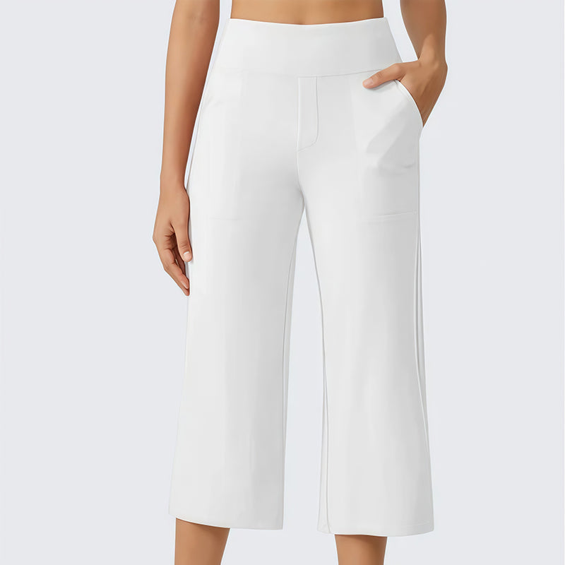 Women's High-Waisted Wide Leg Cropped Capri Pants Pocket Yoga Leggings