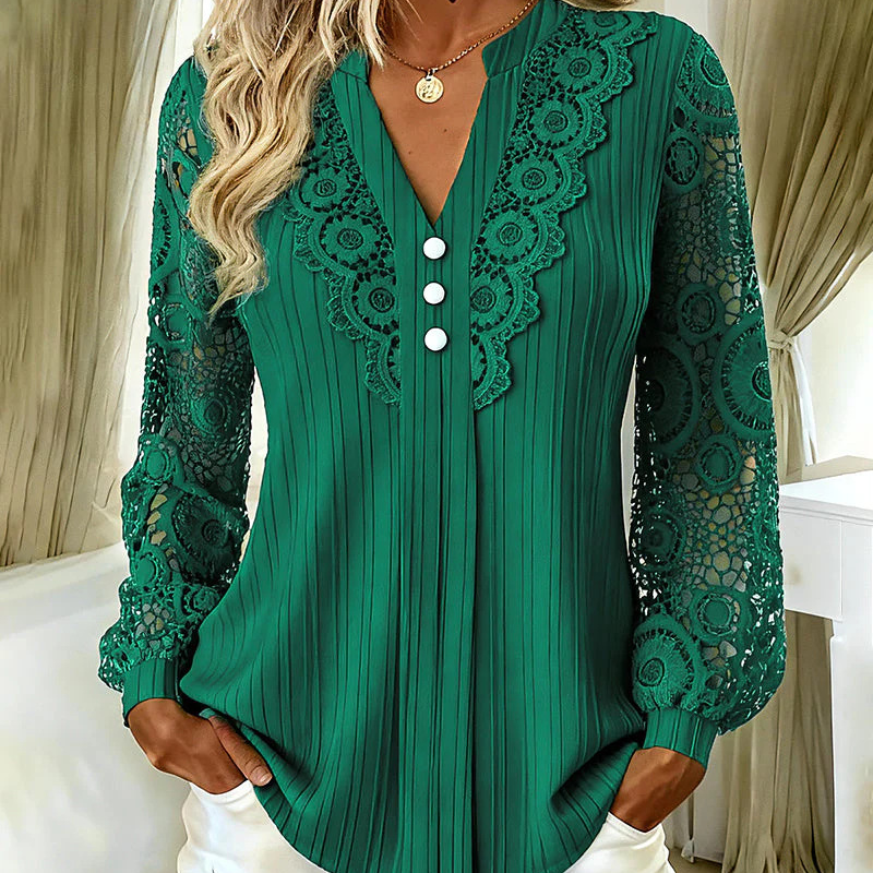 Women's Lace Patchwork V-Neck Long Sleeve Top