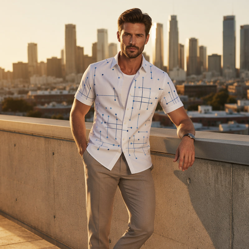 📢📢50% OFF !! ⏰ Men’s Geometric Print Relaxed-Fit Button-Down Shirt