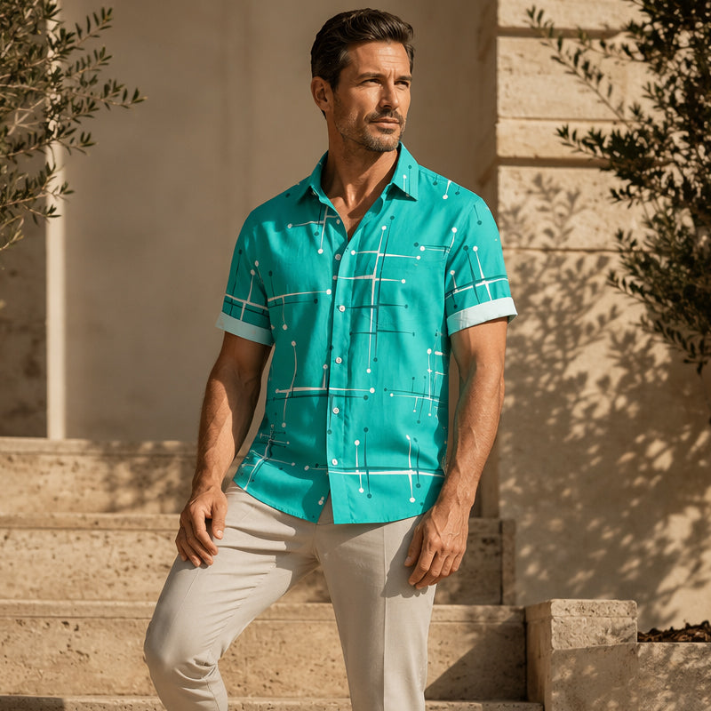 📢📢50% OFF !! ⏰ Men’s Geometric Print Relaxed-Fit Button-Down Shirt