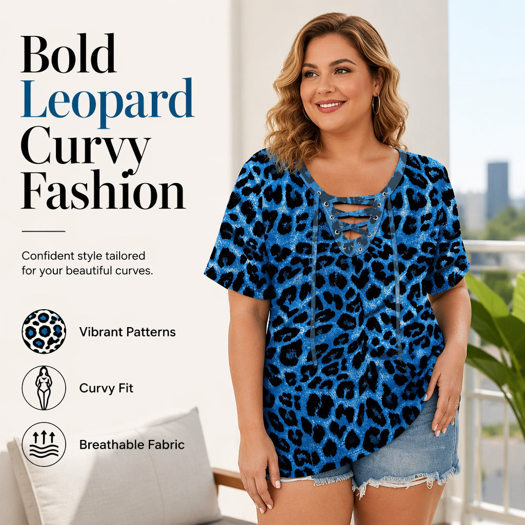 🎁New Arrivals 50% OFF💥Women's Short Sleeve Leopard Lace-Up Loose Top