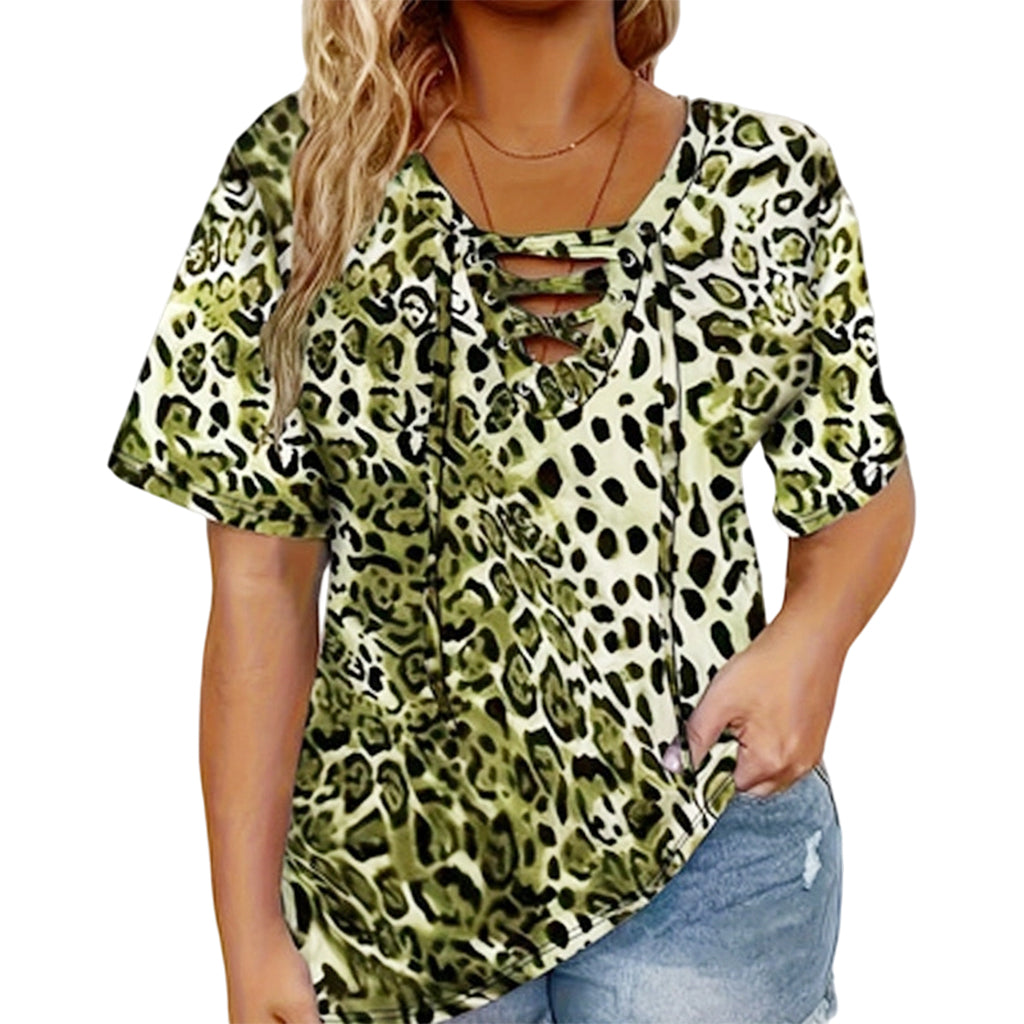 🎁New Arrivals 50% OFF💥Women's Short Sleeve Leopard Lace-Up Loose Top