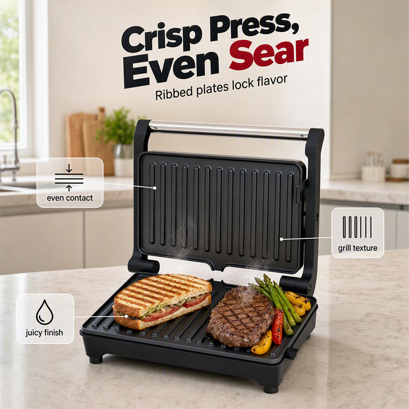 Electric Sandwich Press and Panini Maker with 180-Degree Flat Grill