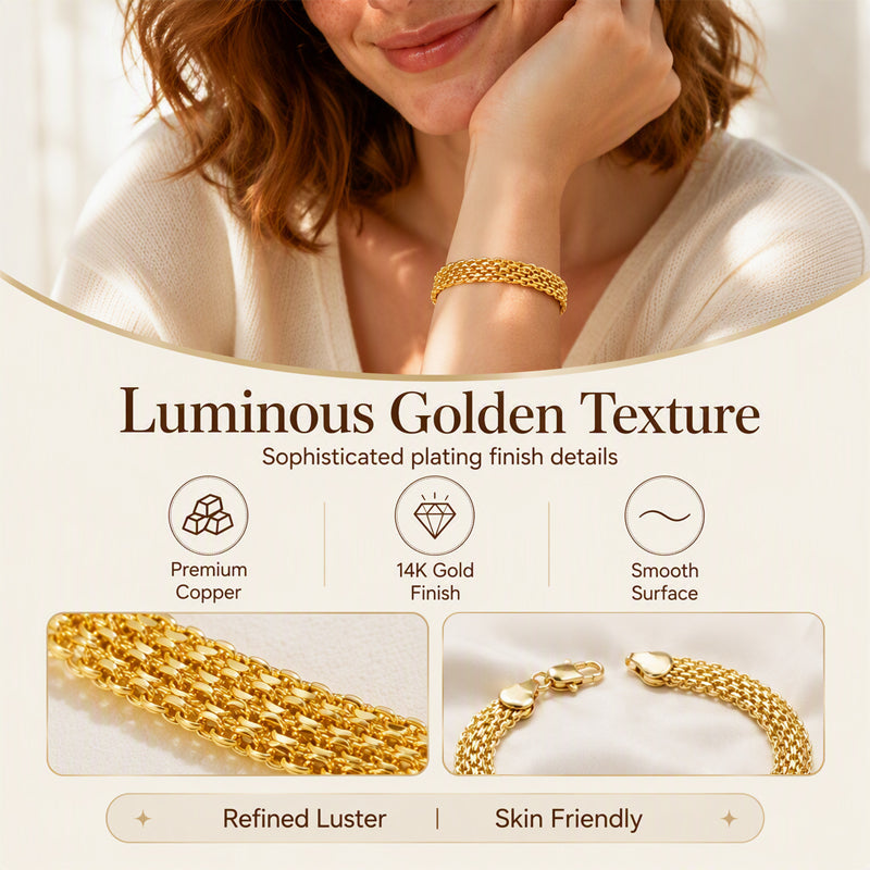 14K gold-plated bracelet in a wide woven mesh design
