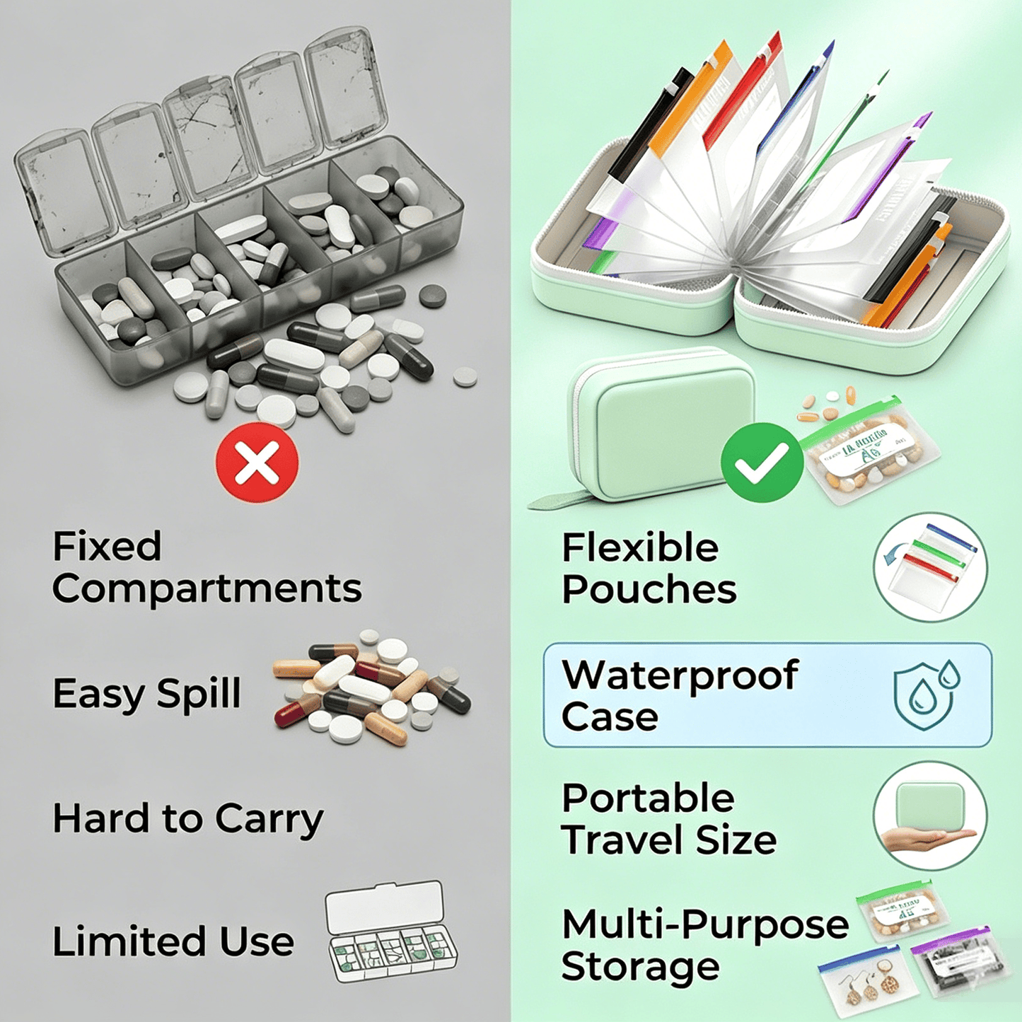🥳2026 HOT SALE💞UP TO 50% OFF!!💊 A8 Waterproof 14 Color-Coded Pill Pouches Organizer – Portable Binder-Style Weekly Travel Medicine Storage Case for Pills, Vitamins & Supplements