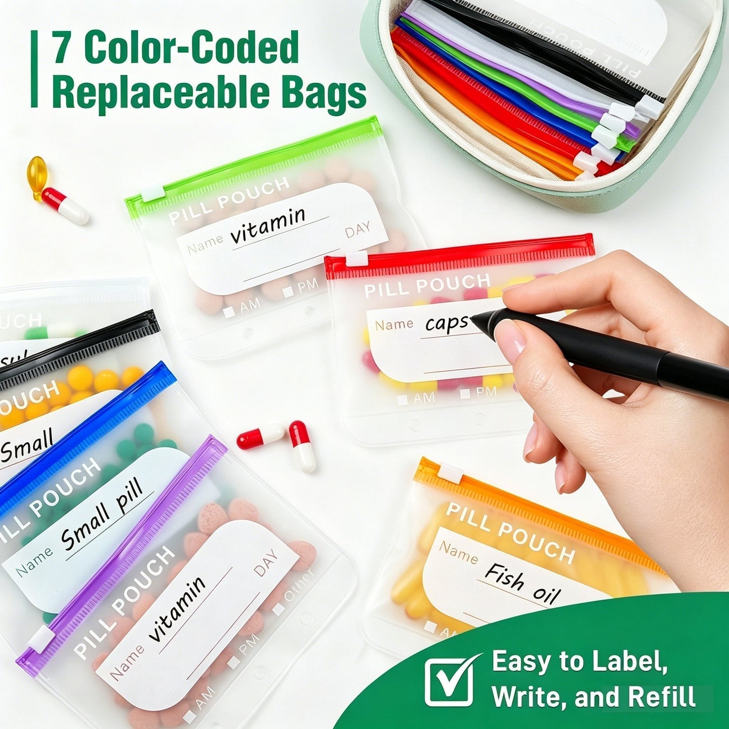 🥳2026 HOT SALE💞UP TO 50% OFF!!💊 A8 Waterproof 14 Color-Coded Pill Pouches Organizer – Portable Binder-Style Weekly Travel Medicine Storage Case for Pills, Vitamins & Supplements