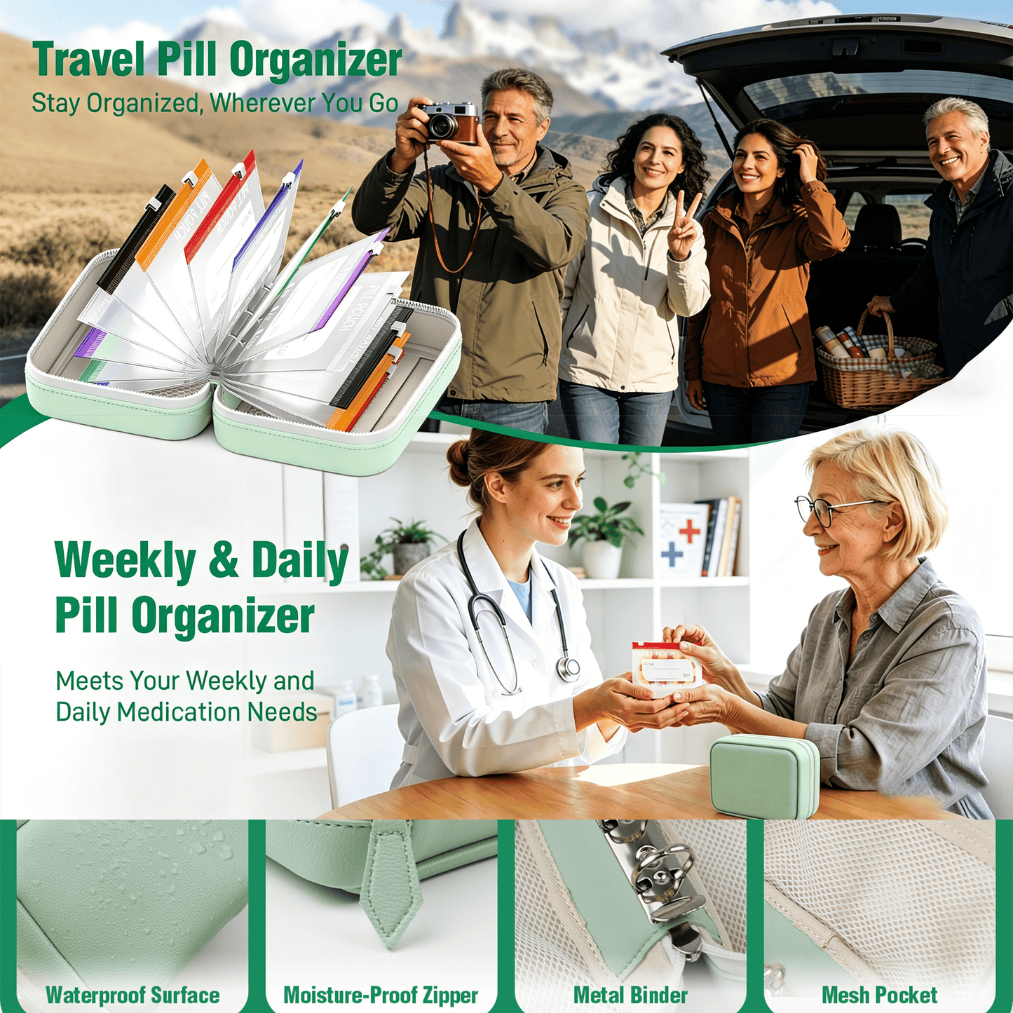 🥳2026 HOT SALE💞UP TO 50% OFF!!💊 A8 Waterproof 14 Color-Coded Pill Pouches Organizer – Portable Binder-Style Weekly Travel Medicine Storage Case for Pills, Vitamins & Supplements
