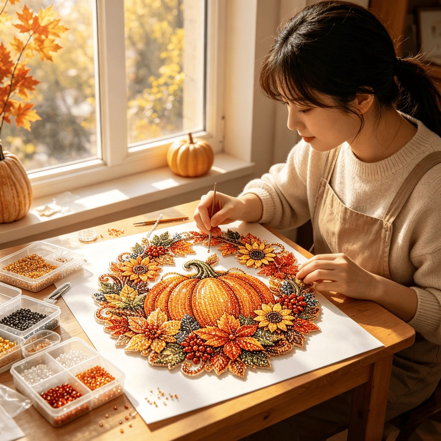 🍂 Autumnal pumpkin wreath with a diamond pattern to hang up – Complete DIY kit