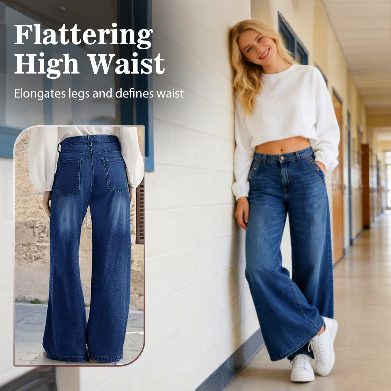 High-Waist Wide-Leg Jeans with Button Detail
