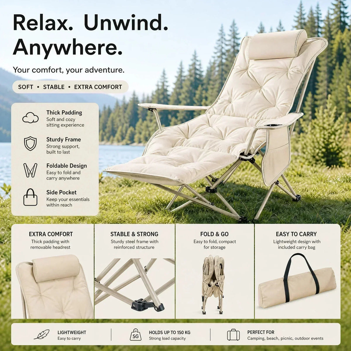Portable, adjustable folding chair for outdoor use – Lightweight, sturdy & versatile