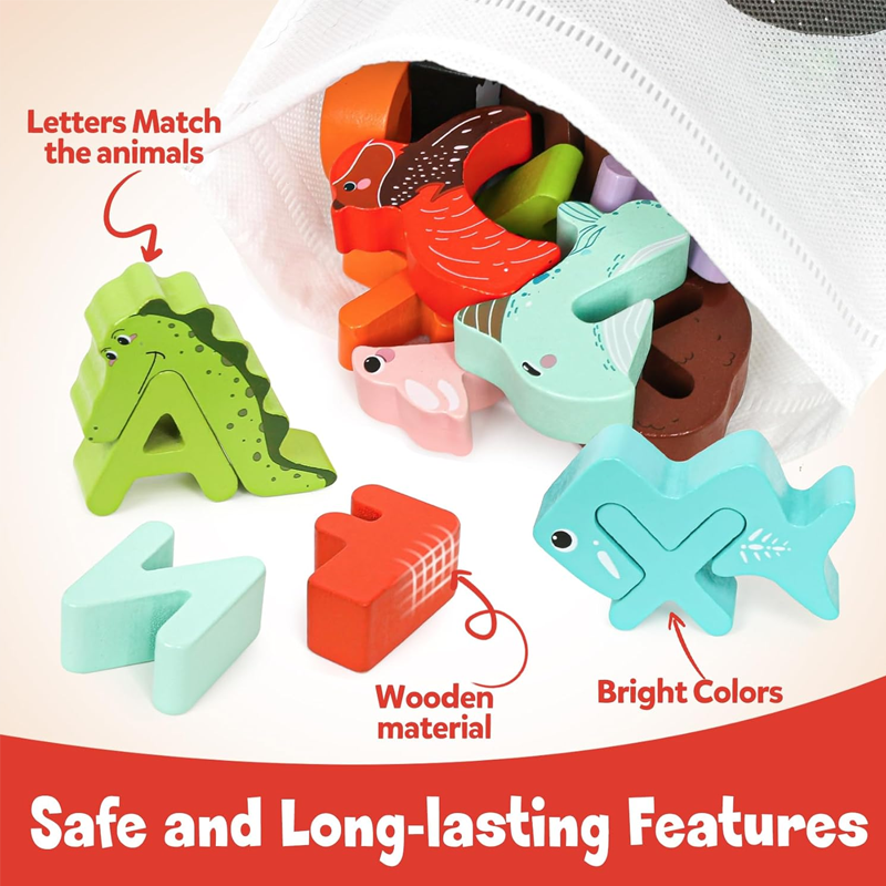 🧸 26-Piece Wooden Letter & Animal Matching Toy – Hands-On Alphabet Mastery, Vibrant Animal Illustrations & Child-Safe Design – Learning Made Fun ✨