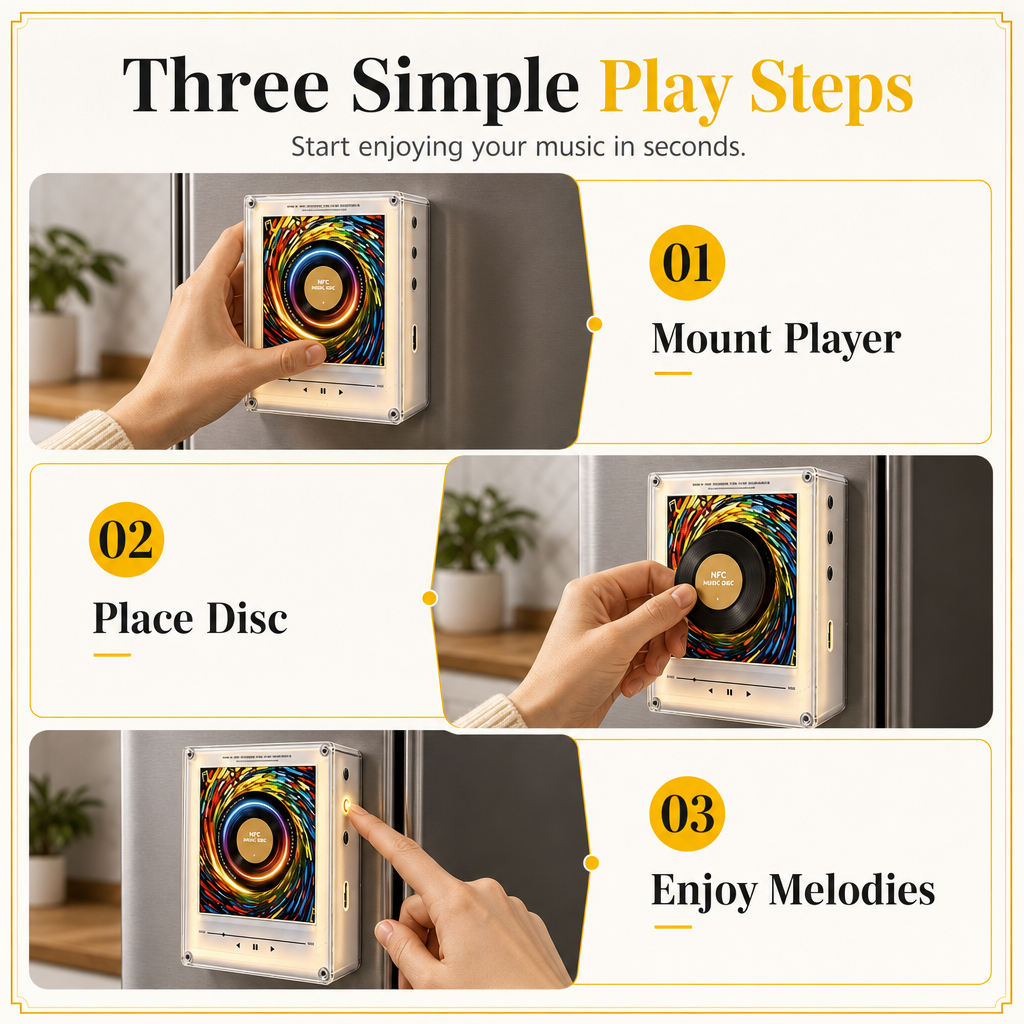 ⏰ NFC Magnetic Fridge Music Box – Tap to Play, 360° Rotating LED Light 🧲