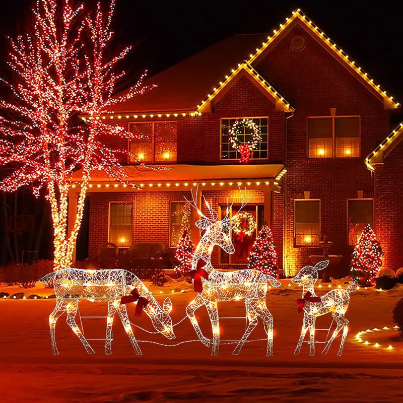 LED Christmas Reindeer Set with Bow – Decorative Reindeer Family for Indoor and Outdoor