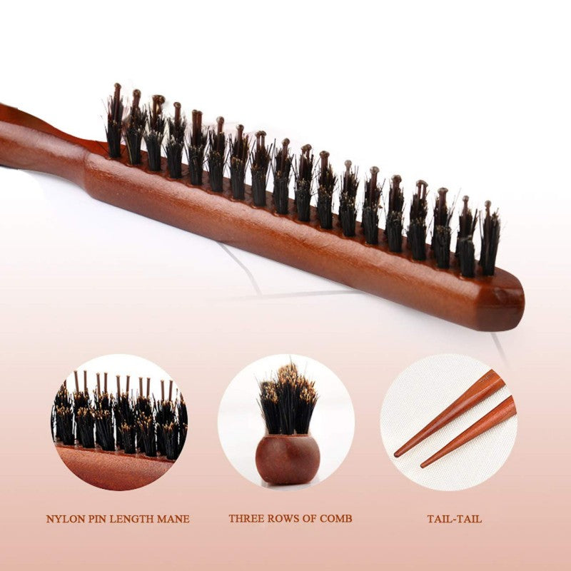 Natural Bristle Hair Styling Comb with Wooden Rat-Tail Handle
