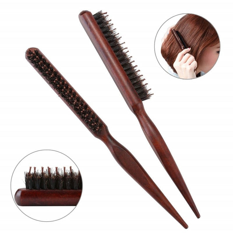 Natural Bristle Hair Styling Comb with Wooden Rat-Tail Handle